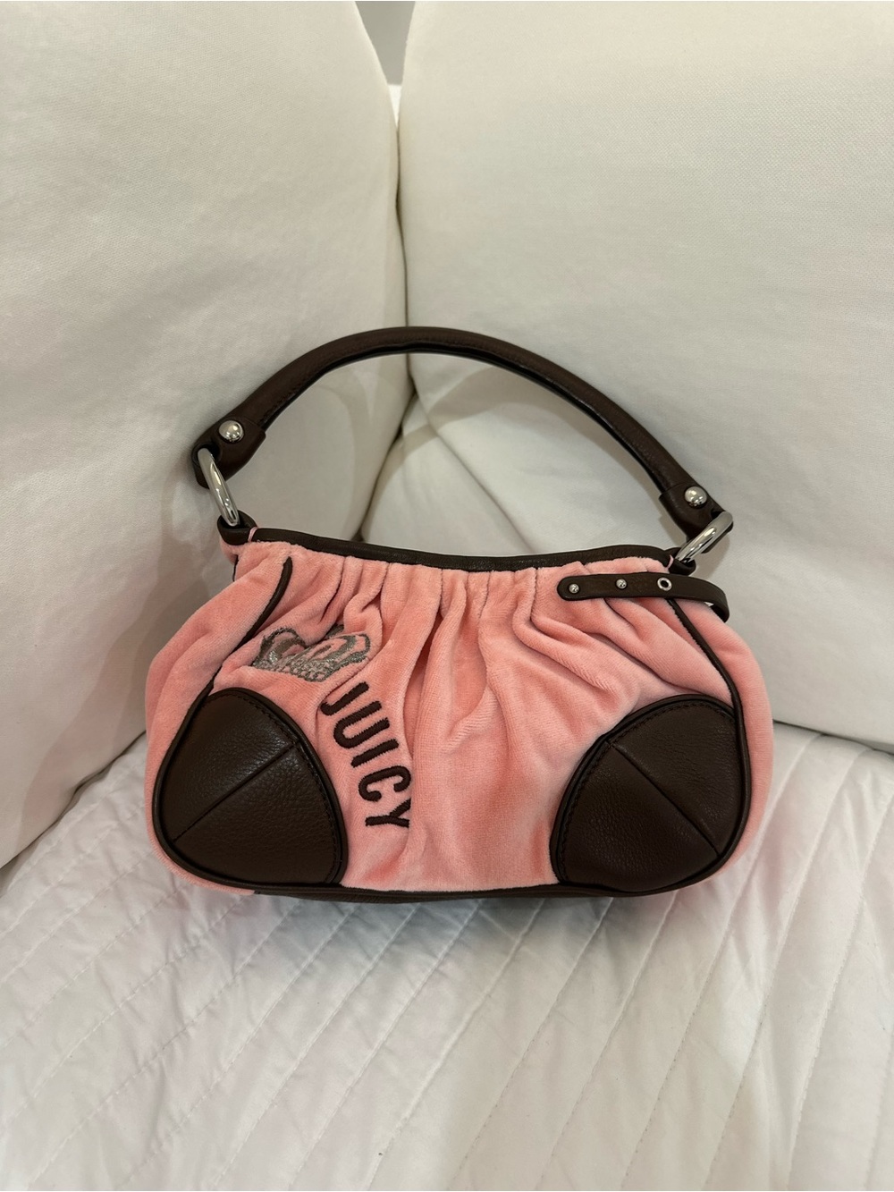 Juicy Couture Pink Velvet Shoulder Bag with Dark Brown Trim